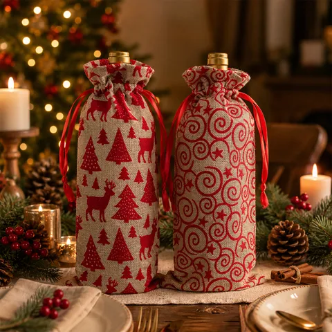 Weihnachten Weinflaschenhülle Leinenoptik Beflockt Rentier Weihnachtsbaum Muster Weinflaschenbeutel Für Weihnachtsfeier Tisch Deko