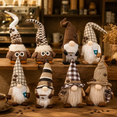 Poupée en Peluche Gnome de Café Avec Chapeau à Carreaux Décor de Cuisine à Domicile Figurine Gnome Rudolph Ornement Doux