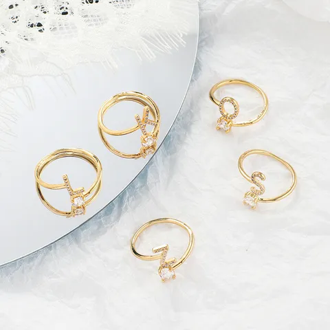 Personalisierter Vergoldeter Offener Verstellbarer Ring Mit Buchstaben A-Z Für Damen Kupferring Mit Einzelnem Zirkonia Modeschmuck