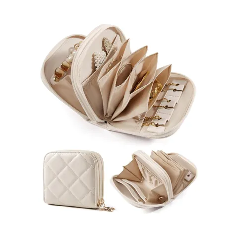 Draagbare Reizen Sieraden Organizer Tas PU Leer Gewatteerd Kleine Opslag Hoesje Met Rits Vakken Voor Vrouwen Meisjes