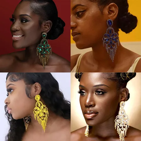 Boucles d'Oreilles Longues Pendantes à Fleurs et Gousses Exagérées Strass Alliage Bijoux de Mode pour Femmes Fête