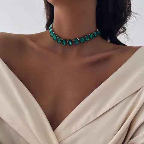 Chunky Rhinestone Square Pendant Necklace Women Fashion Minimalist Geometric Choker Layered Chain Jewelry