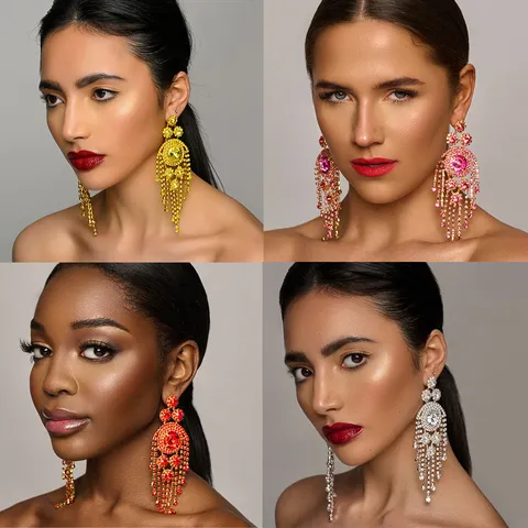 Boucles d'Oreilles Tombantes à Glande en Strass Exagérées pour Femmes Alliage Cristal Fleur Longue Frange Bijoux Déclaration Cadeau