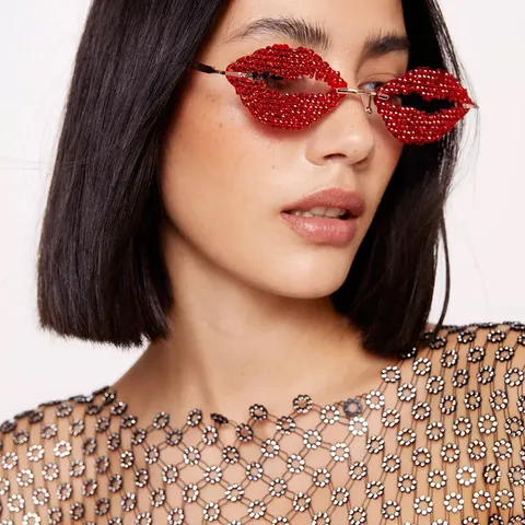 Exaggerated Lip Shape Rhinestone Party Glasses Frame Fashion Metal Decorative Eyewear For Street Snap Women Jewelry