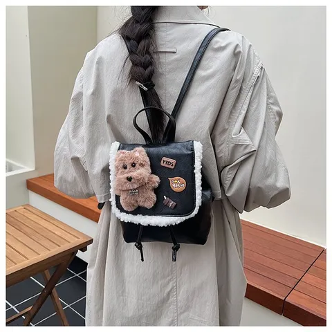 Women Small PU Leather Backpack Casual Retro Mini Bookbag Cute Bear Pendant Chic School Daypack Handbag For Girls