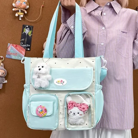 Cute Polka Dot Canvas Crossbody Bag Women Large Capacity Casual Shoulder Bag Sweet Cartoon Messenger Bag Student Book Bag