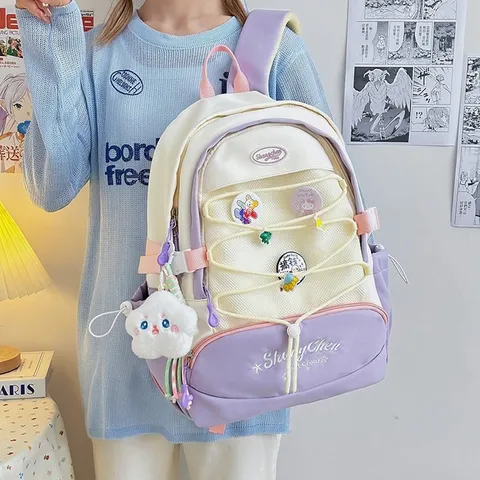 Casual Nylon Σχολικό Σακίδιο Πλάτης για Γυναίκες Μεγάλη Χωρητικότητα Χαριτωμένη Τσάντα Ταξιδιού Με Δικτυωτή Tσέπη Και Χαριτωμένο Kρεμαστό