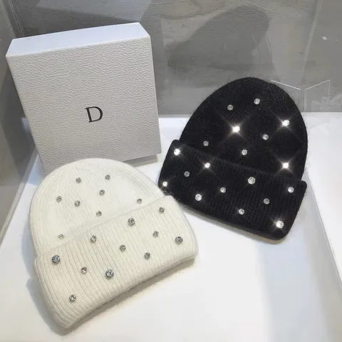 Women Winter Warm Rabbit Hair Knit Beanie Hat Sweet Rhinestone Casual Cute Ski Cap Fashion Daily Headwear