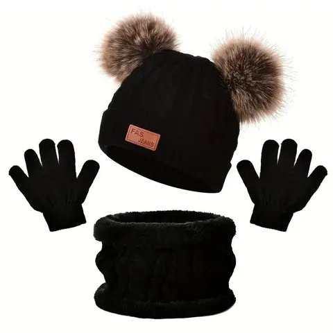 Conjunto de Tres Piezas de Gorro de Punto Bufanda y Guantes Cálidos de Invierno para Niños Forro Polar Pompon Lindo