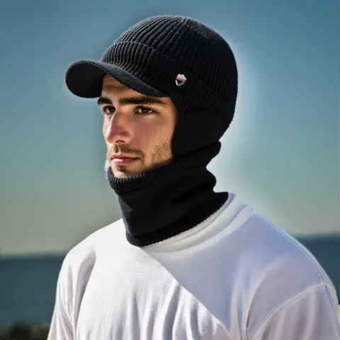 Herren Winter Verdickte Gestrickte Mütze Mit Krempe Ohrenklappe Und Schal Set Thermische Warme Acryl Mütze