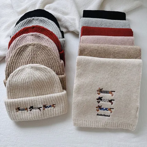 Cute Dachshund Embroidery Wool Blend Knit Scarf And Beanie Hat Set Winter Warm Casual Accessories For Women