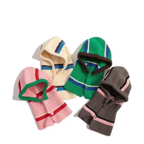 Donne Inverno Caldo Maglia Balaclava Cappello Elegante Blocco di Colore Berretto Cappello Con Bottoni Antivento Sciarpa Integrata