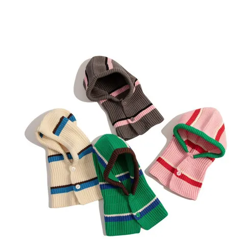 Donne Inverno Caldo Maglia Balaclava Cappello Elegante Blocco di Colore Berretto Cappello Con Bottoni Antivento Sciarpa Integrata