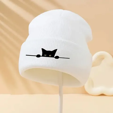 Unisex Invierno Cálido Sombrero De Punto Beanie Lindo Gato Negro Estampado Casual Slouchy Skull Cap A Prueba De Viento Sombrero De Lana Para Pareja