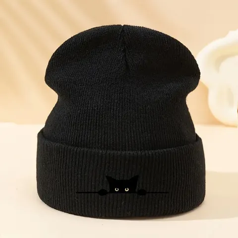 Unisex Invierno Cálido Sombrero De Punto Beanie Lindo Gato Negro Estampado Casual Slouchy Skull Cap A Prueba De Viento Sombrero De Lana Para Pareja