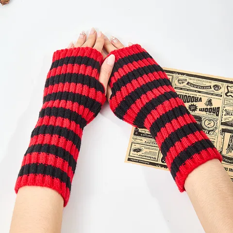 Unisex Knitted Striped Arm Sleeves Winter Warm Fingerless Gloves Color Block Thermal Fashion Apparel Accessories