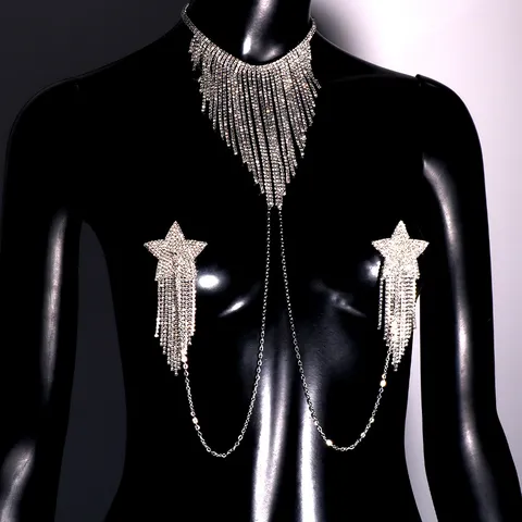 Sexy Rhinestone Star Tassel Body Chain Copper Base Electroplated Chest Chain Bikini Nipple Pasties Jewelry For Women Nightclub Party Accessories