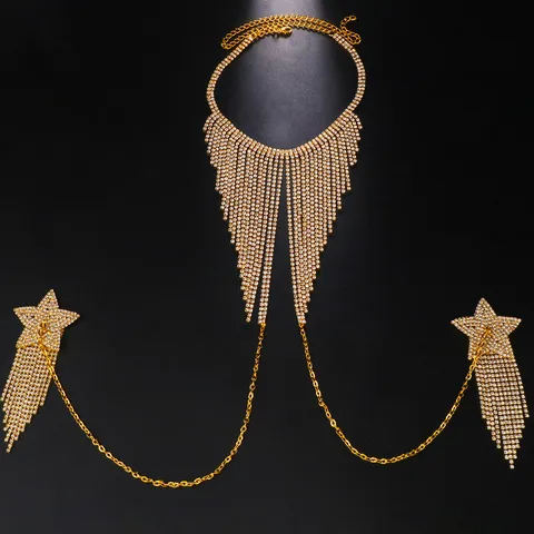 Sexy Rhinestone Star Tassel Body Chain Copper Base Electroplated Chest Chain Bikini Nipple Pasties Jewelry For Women Nightclub Party Accessories