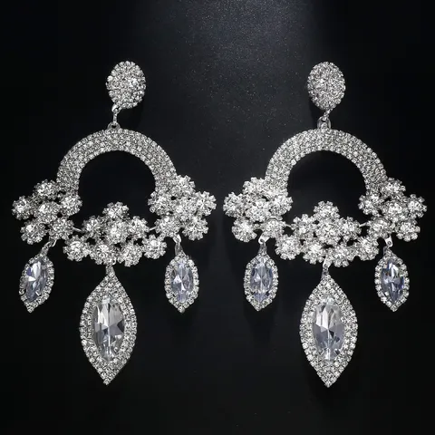 Boucles d'Oreilles Pendantes Strass Floral Exagéré Mode Fleurs Cristal Pour Femmes Cadeau Bijoux