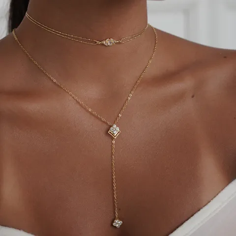 Luxus Legierung Strass Doppelreihige Y Form Halskette Elegante Kleeblatt Anhänger Choker Kette Für Hochzeit Party Damen Schmuck