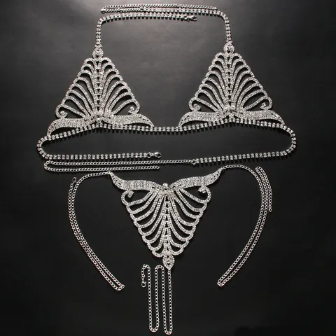 Sexy Strass Körperkette Für Damen Kupfer Legierung Glänzender Kristall BH Brustkette Höschen Taille Kette Party Schmuck