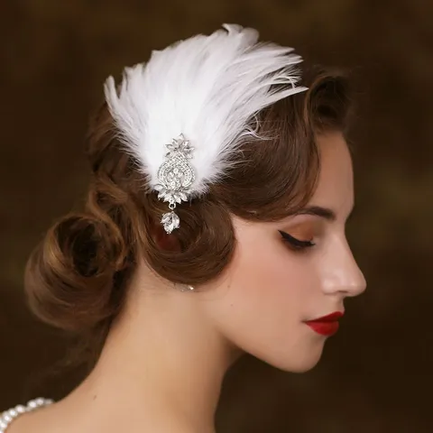 Vintage Feather Rhinestone Hair Comb Elegant White Feather Headpiece Rhinestone Side Hair Comb For Women Party Banquet Prom Accessories