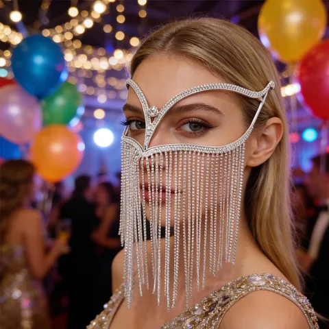 Western Style Rhinestone Tassel Mask For Women Luxurious Masquerade Party Face Chain Jewelry Gold Silver Elegant Dance Mask Accessory