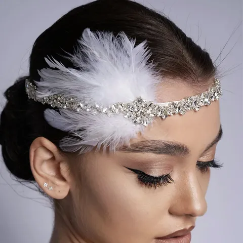 Vintage Great Gatsby Feather Rhinestone Hair Chain For Women Luxury Feather Headpiece Party Prom Wedding Fashion Hair Accessories