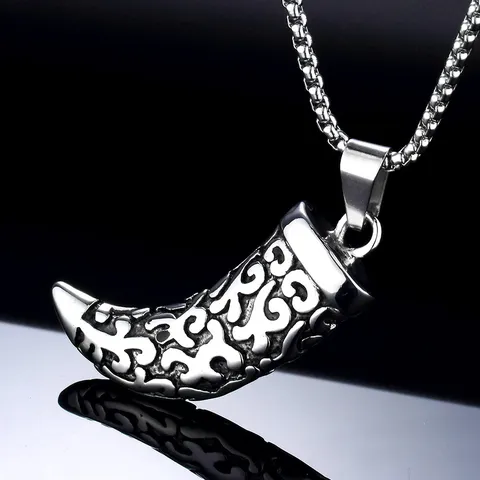 Collier Pendentif Dent de Loup en Acier Inoxydable Vintage Punk pour Hommes Charme de Corne Sculpté Gothique