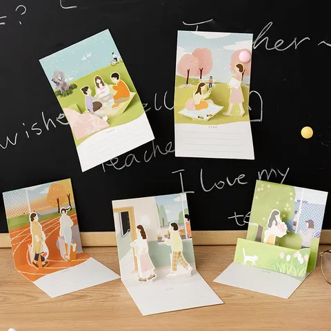 Creative 3D Pop Up Greeting Card Teachers Day Blessing Card With Envelope And Seal Sticker Campus Life Series