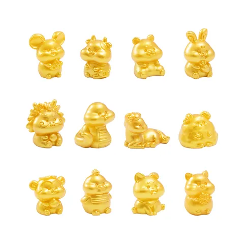Golden Resin Chinese Zodiac Animal Figurine Cartoon Cute Desktop Ornament Car Decor Feng Shui Collectible Toy