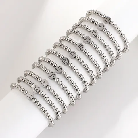 Bracciale Perlinato 12 Segni Zodiacali in Acciaio Inossidabile Personalizzato Oro Argento Ciondoli Costellazione Gioielli da Donna Uomo