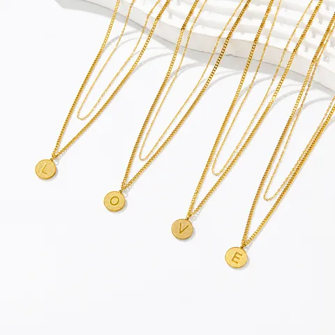 Moderna Collana a Doppio Strato in Acciaio Inossidabile da Donna Placcata in Oro Moneta Rotonda Geometrica Pendente con 26 Alfabeto Inglese Collana di Gioielli Regalo