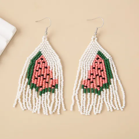 Hand Woven Fruit Tassel Dangle Earrings Seed Bead Strawberry Watermelon Lemon Apple National Style Summer Jewelry Women