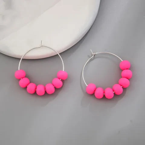 Bohemian Polymer Clay Bead Hoop Earrings Handmade Alloy Geometric Round Candy Color Loop Earring Jewelry For Women Vacation