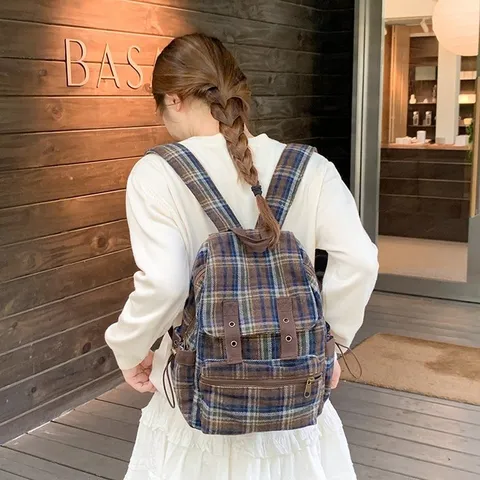 Vintage Woolen Plaid Backpack For Women Casual Retro Checkered School Bookbag Travel Daypack Pocket Book Bag