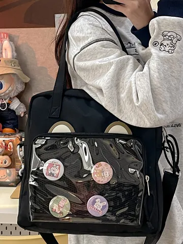 Kawaii Bear Ears Nylon Ita Bag Large Capacity Clear PVC Window Crossbody Shoulder Messenger Bag for Anime Badges Display