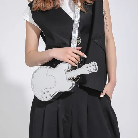 Guitar Shaped Glossy PU Leather Shoulder Bag For Women Y2K Style Niche Design Rivet Heart Stitching Crossbody Bag Daily Purse