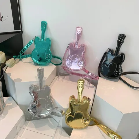 Guitar Shaped Glossy PU Leather Shoulder Bag For Women Y2K Style Niche Design Rivet Heart Stitching Crossbody Bag Daily Purse