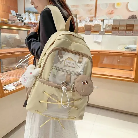 Χαριτωμένο Κορεατικό Στυλ Μεγάλης Χωρητικότητας Νάιλον Σχολικό Σακίδιο για Κορίτσια Ελαφριά Τσάντα Ταξιδιού για Μαθητές με Λούτρινο Μενταγιόν
