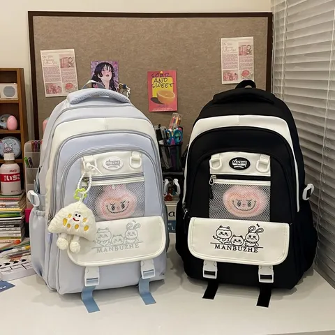 Preppy-Stil Nylon Rucksack Farbblock Transparentes Netzfach Große Kapazität Schultasche Süße Tier Gestickt Lässig Tagesrucksack Büchertasche Für Schüler Jugendliche Täglich