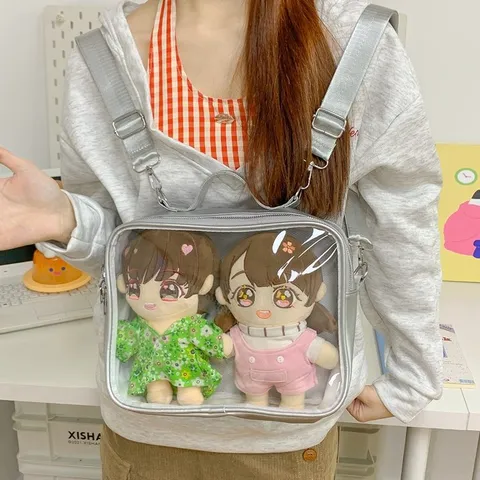 Cute Cat Embroidery Ita Bag Transparent Window Display Backpack Crossbody Bag Multi-Way Carry For 20cm Cotton Dolls Girls