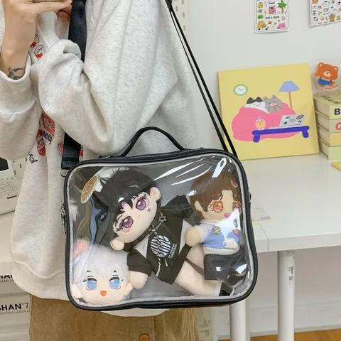 Cute Cat Embroidery Ita Bag Transparent Window Display Backpack Crossbody Bag Multi-Way Carry For 20cm Cotton Dolls Girls