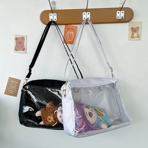 Korean Ins Style Transparent Ita Bag Clear PVC Window Crossbody Bag For Doll Harajuku Oxford Fabric Girl Messenger Bag Cute Sweet Candy Color Display Bag