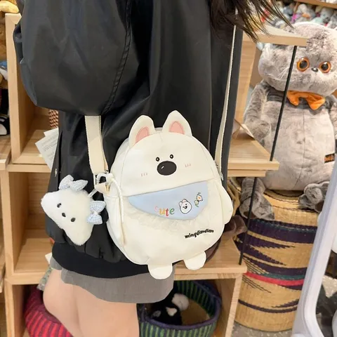 Sac Bandoulière en Nylon Chien Mignon Femmes Style Doux Sac à Épaule Décontracté Sac Téléphone Portable avec Pendentif Peluche