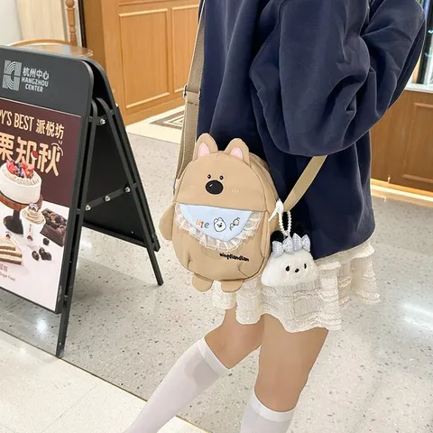 Sac Bandoulière en Nylon Chien Mignon Femmes Style Doux Sac à Épaule Décontracté Sac Téléphone Portable avec Pendentif Peluche