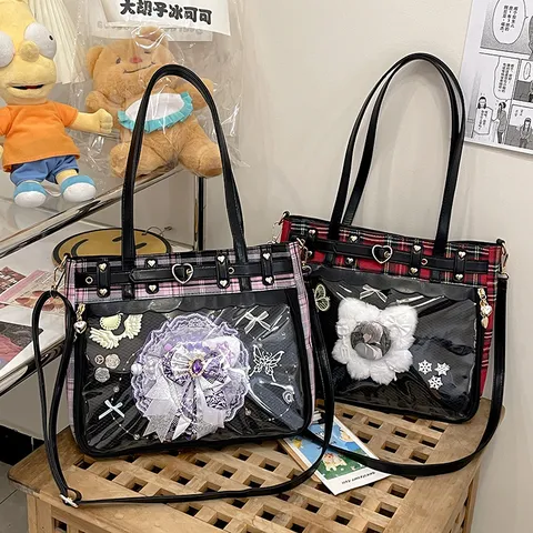 Japanese Anime Ita Bag Women JK Plaid Tote Bag Large Capacity Commuter Shoulder Crossbody Bag With Clear Window