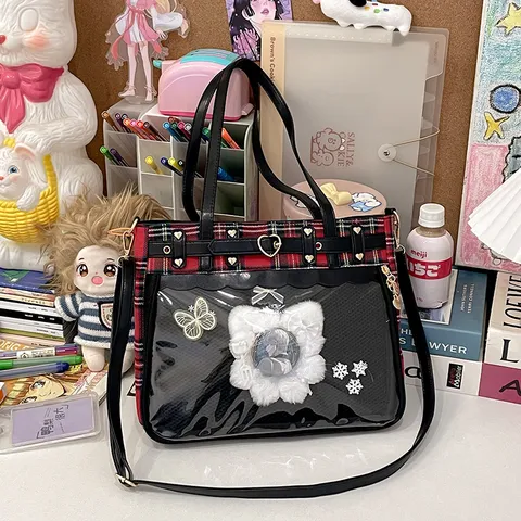Japanese Anime Ita Bag Women JK Plaid Tote Bag Large Capacity Commuter Shoulder Crossbody Bag With Clear Window