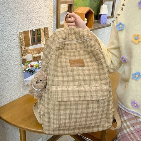Mori Ins Style Corduroy Plaid Backpack Women Large Capacity Casual Travel School Bag Cute Dog Pendant Bookbag