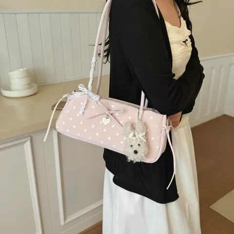 Women Fashion Polka Dot Shoulder Bag Cute Bow Plush Pendant Underarm Bag PU Leather Casual Commuter Handbag